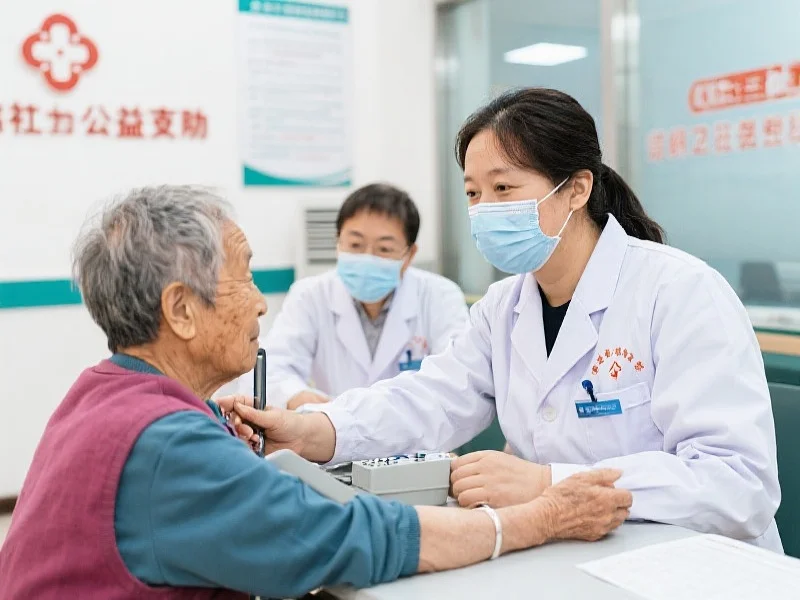 医务人员在社区卫生服务中心为老人健康检查,体现社会公益支持