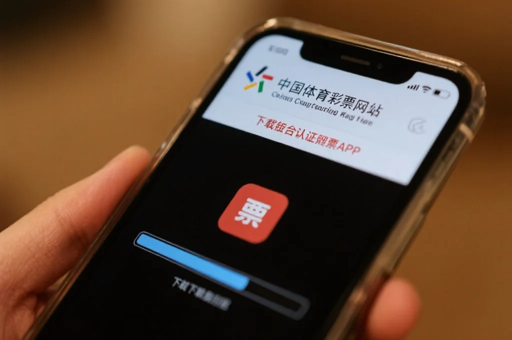 一部智能手机正在中国体育彩票官方网站上下载官方认证的彩票APP,屏幕显示下载进度条